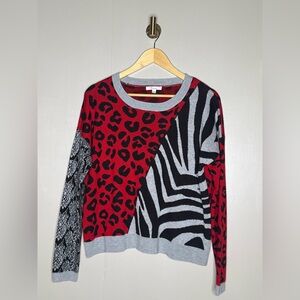 89th + Madison Leopard Print Colorblock Sweater Red Black Gray Size L